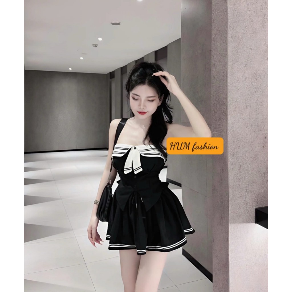 Sét bộ nữ tiểu thư chân váy phối viền áo cúp ngực có dây vai