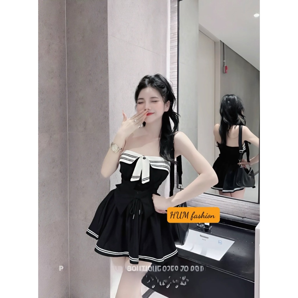 Sét bộ nữ tiểu thư chân váy phối viền áo cúp ngực có dây vai