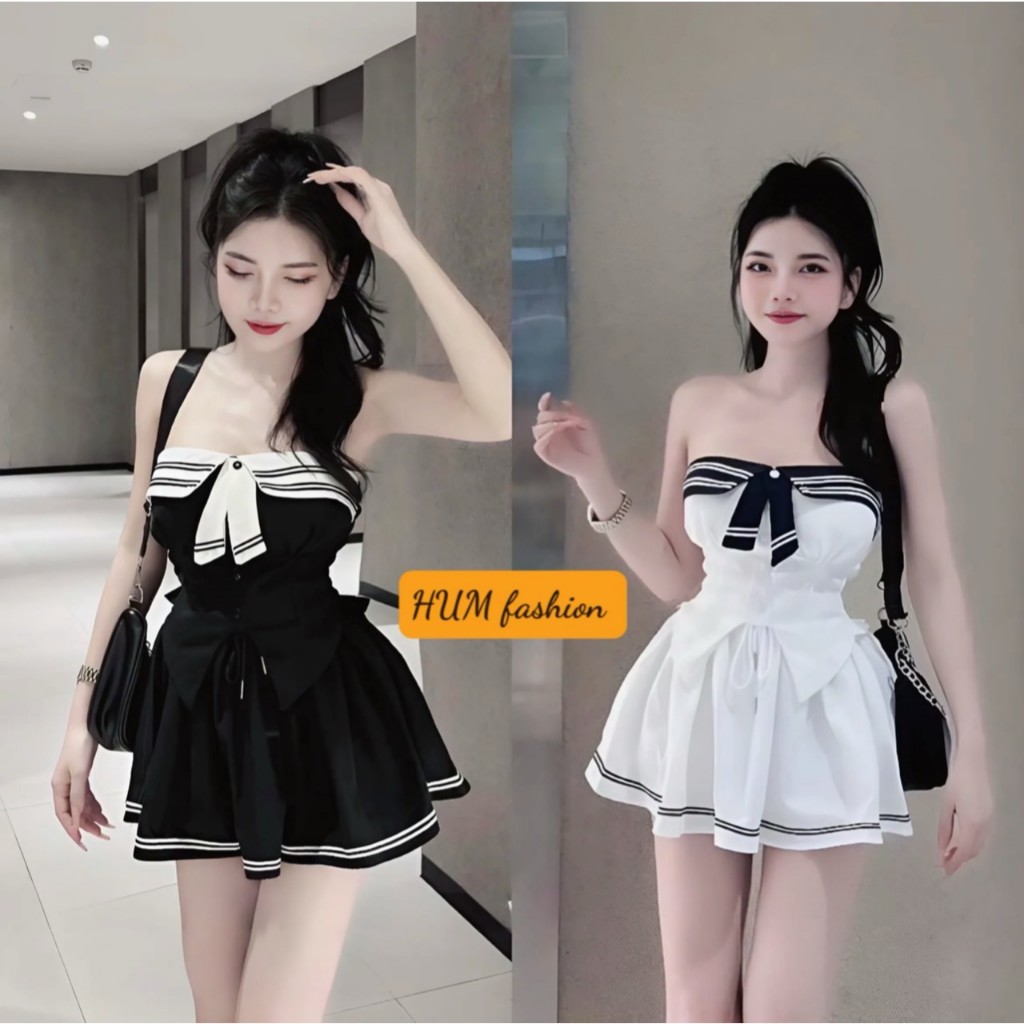 Sét bộ nữ tiểu thư chân váy phối viền áo cúp ngực có dây vai