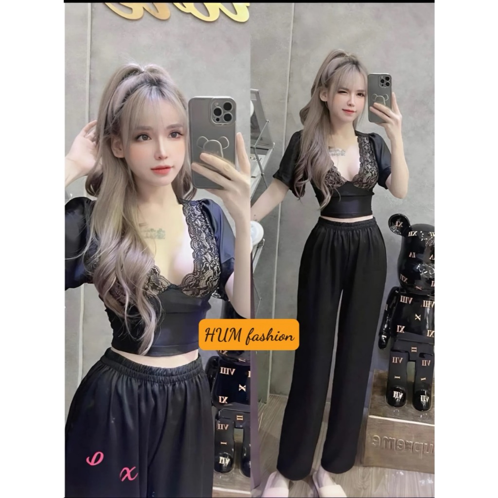 Sét quần dài ống rộng áo phối ren Tibu_Hum fashion