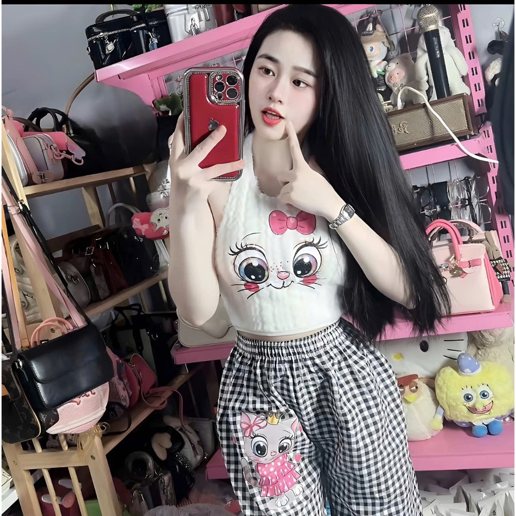 Sét đồ nữ mèo caro ống suông quần dài yếm lông