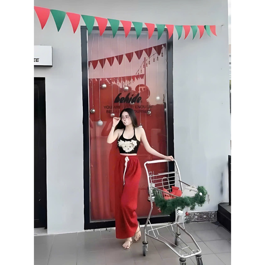sét đồ nữ quần dài suông áo yếm trang trí gấu