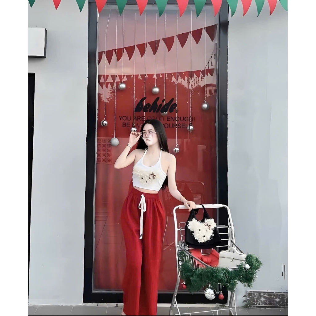 sét đồ nữ quần dài suông áo yếm trang trí gấu