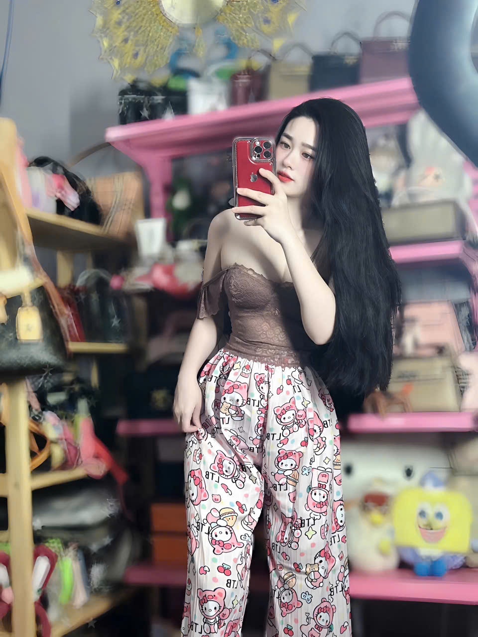 Sét đồ nữ quần suông họa tiết Mèo áo cúp ren 2 dây cánh tiên