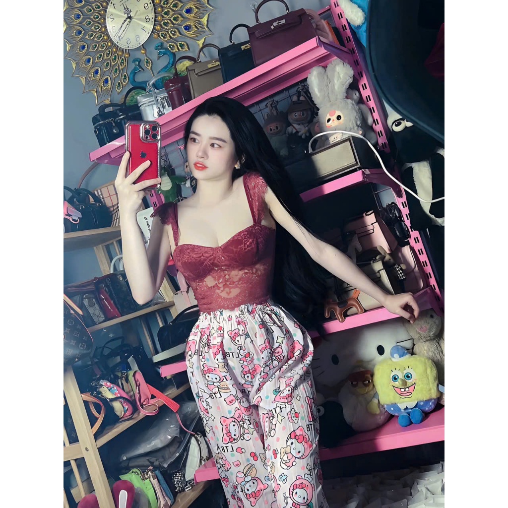 Sét đồ nữ quần suông họa tiết Mèo áo cúp ren 2 dây cánh tiên