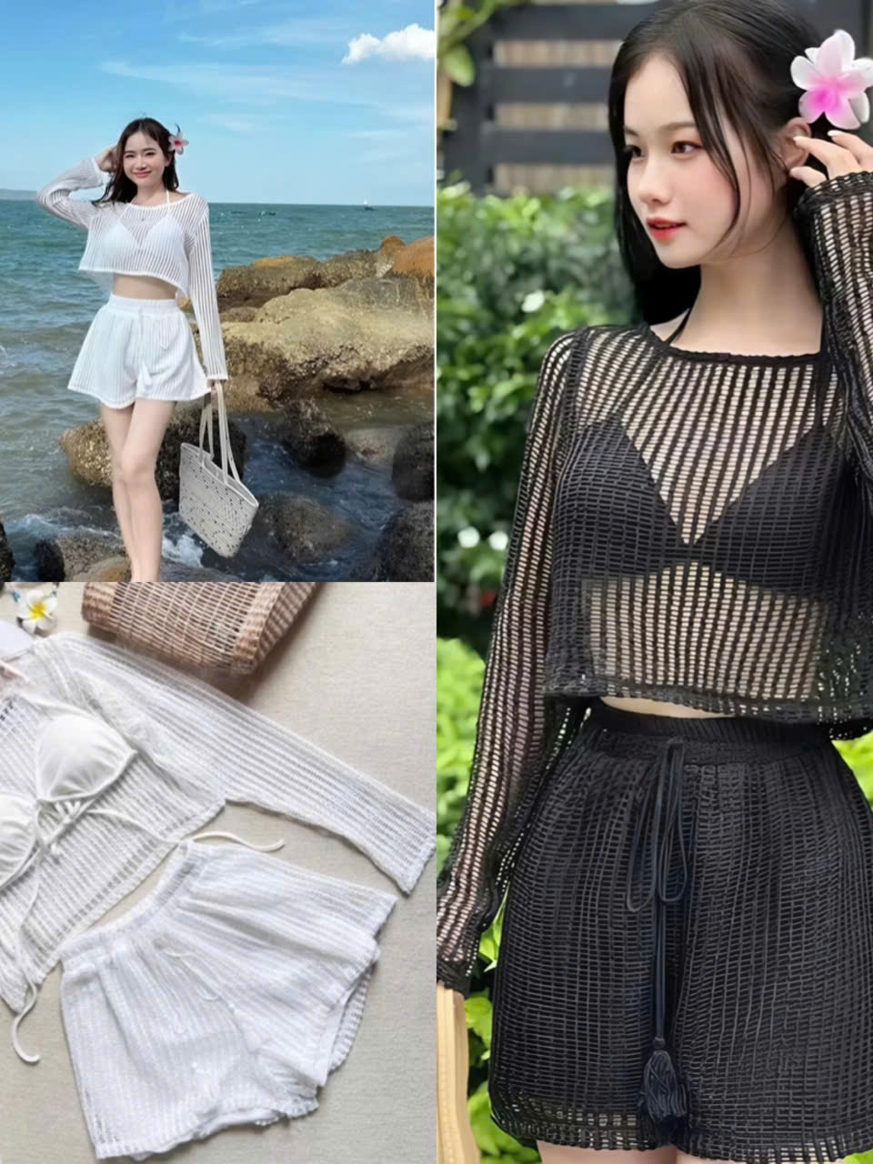 Bộ đồ nữ 3 món áo croptop tay dài quần short 2 lớp kèm áo bra