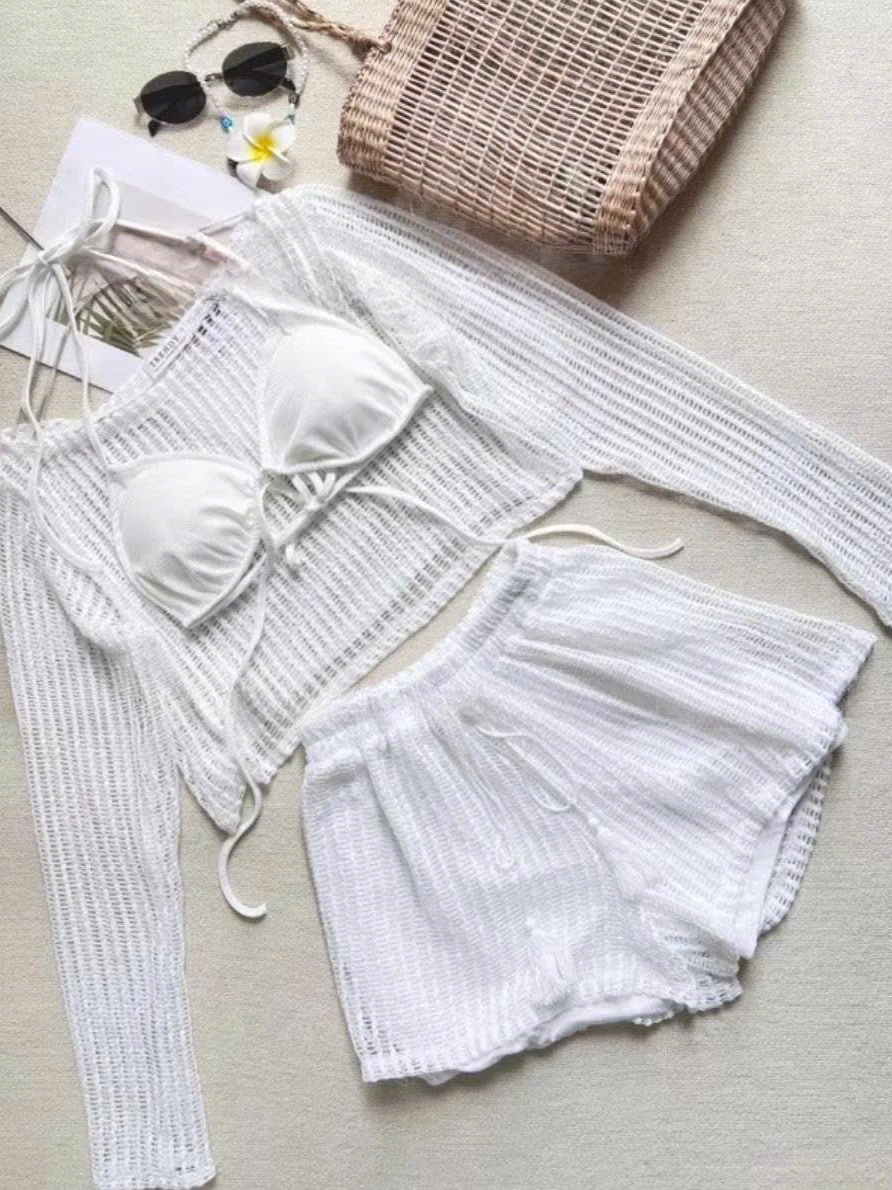 Bộ đồ nữ 3 món áo croptop tay dài quần short 2 lớp kèm áo bra