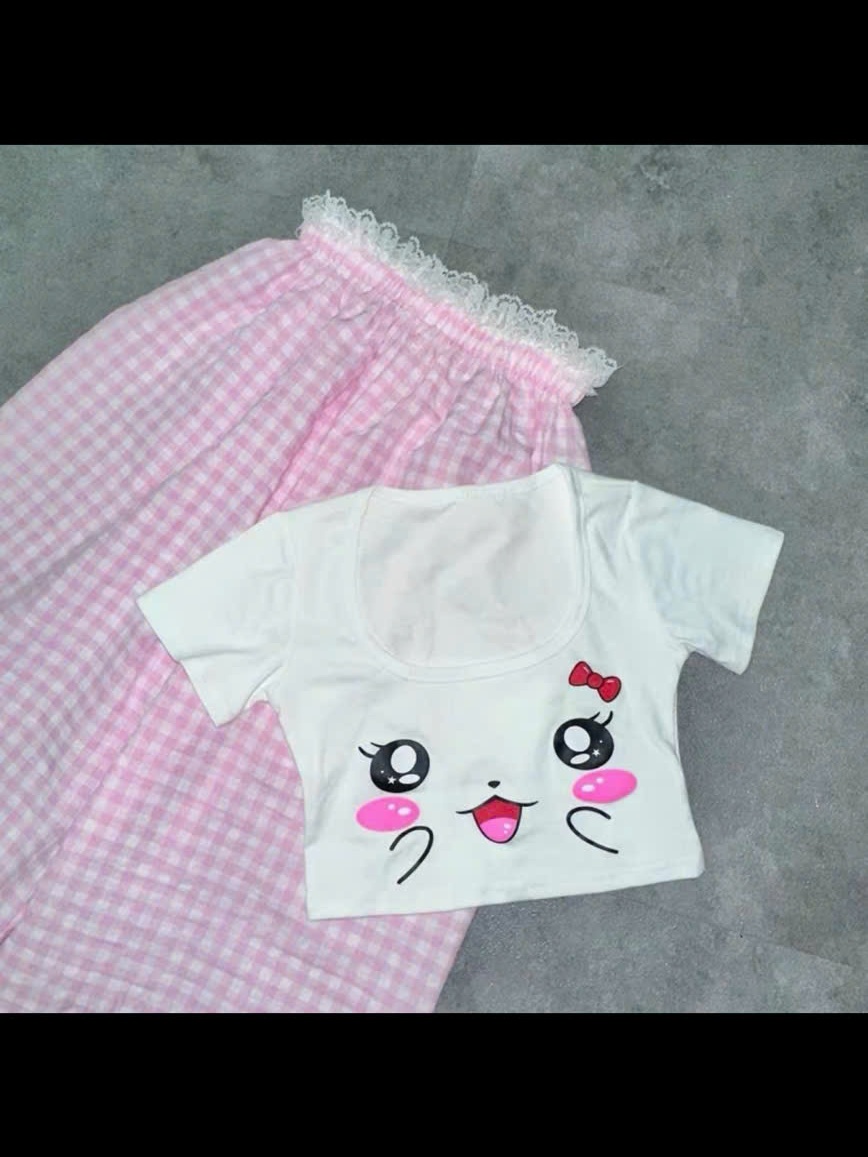 Sét đồ nữ quần dài caro lưng phối ren áo thun xẻ in mặt mèo