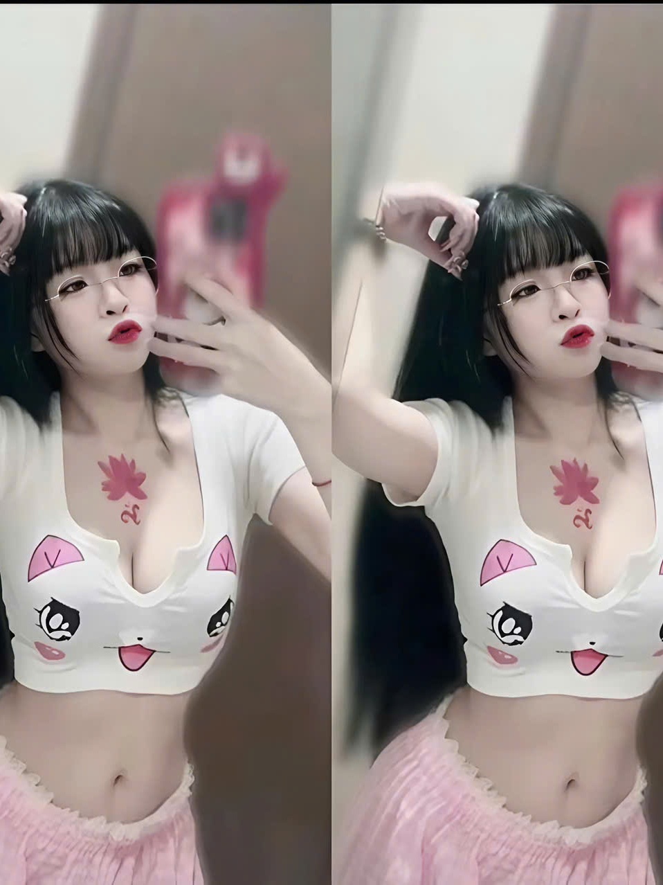 Sét đồ nữ quần dài caro lưng phối ren áo thun xẻ in mặt mèo