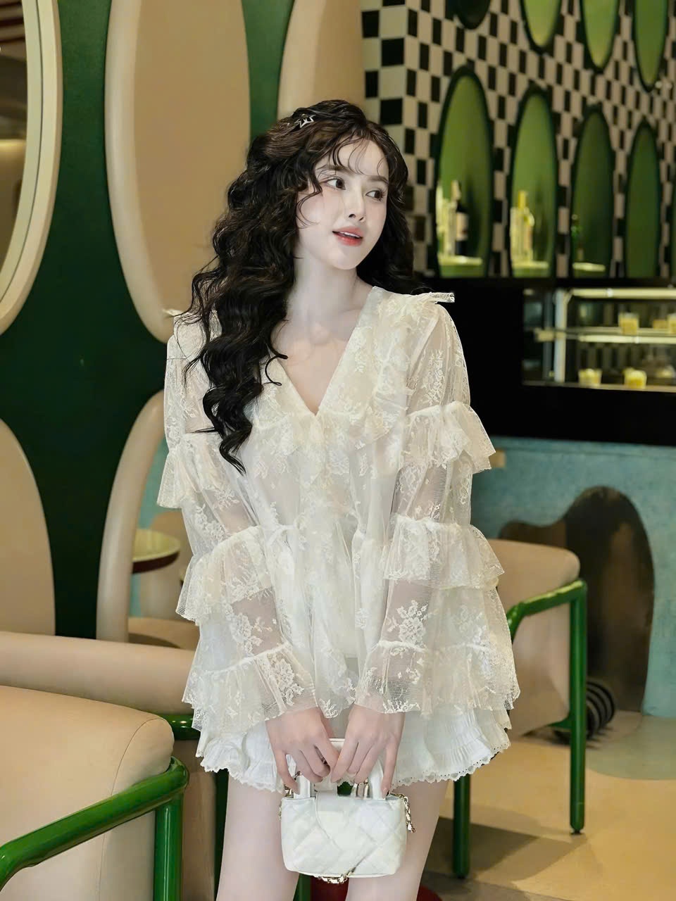 Sét đồ nữ váy xốp nhún áo ren babydoll tay dài tầng