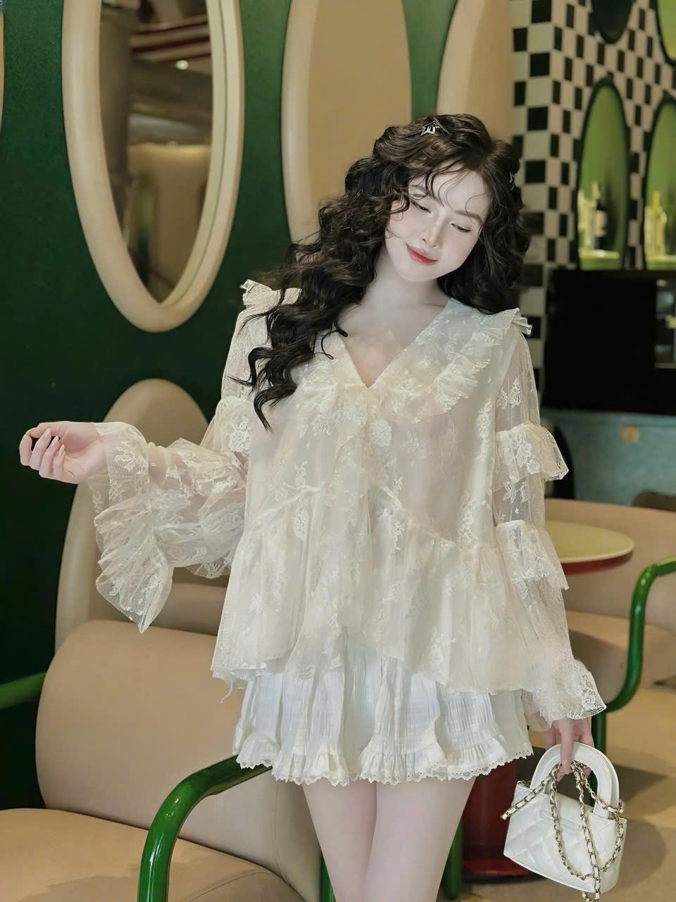 Sét đồ nữ váy xốp nhún áo ren babydoll tay dài tầng