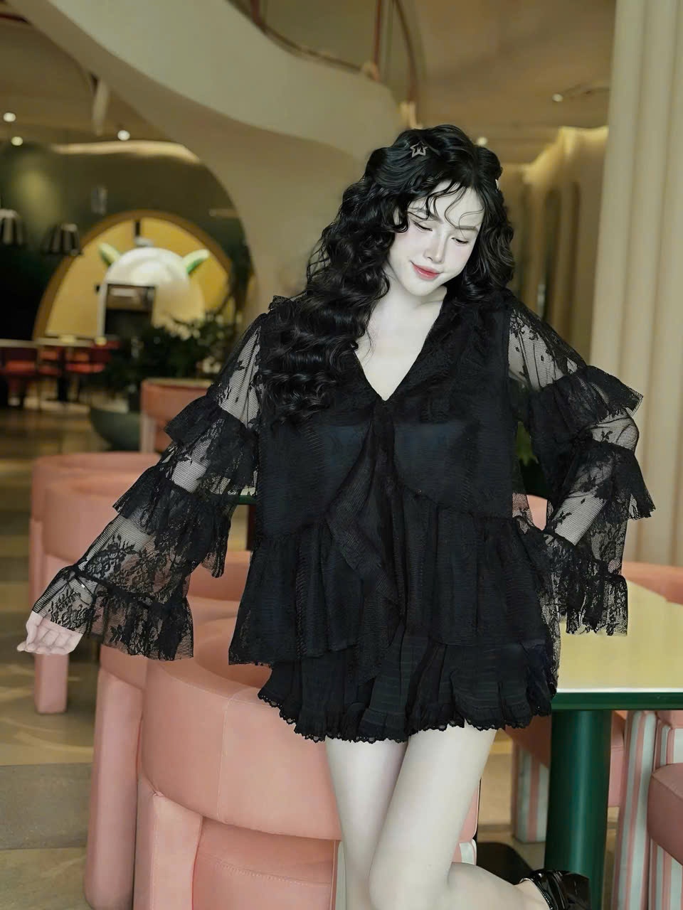 Sét đồ nữ váy xốp nhún áo ren babydoll tay dài tầng