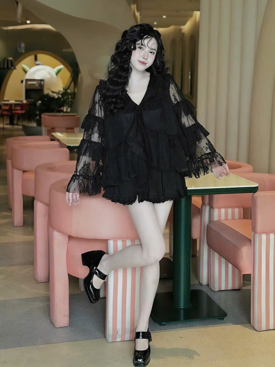 Sét đồ nữ váy xốp nhún áo ren babydoll tay dài tầng