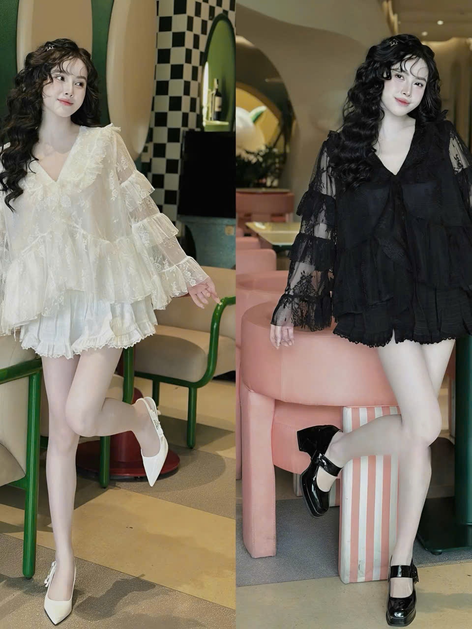 Sét đồ nữ váy xốp nhún áo ren babydoll tay dài tầng