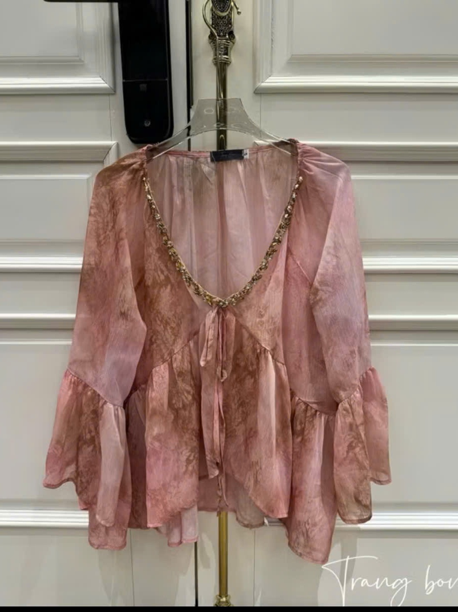 Áo nữ babydoll voan tơ mỏng nhẹ cổ V trang trí đá