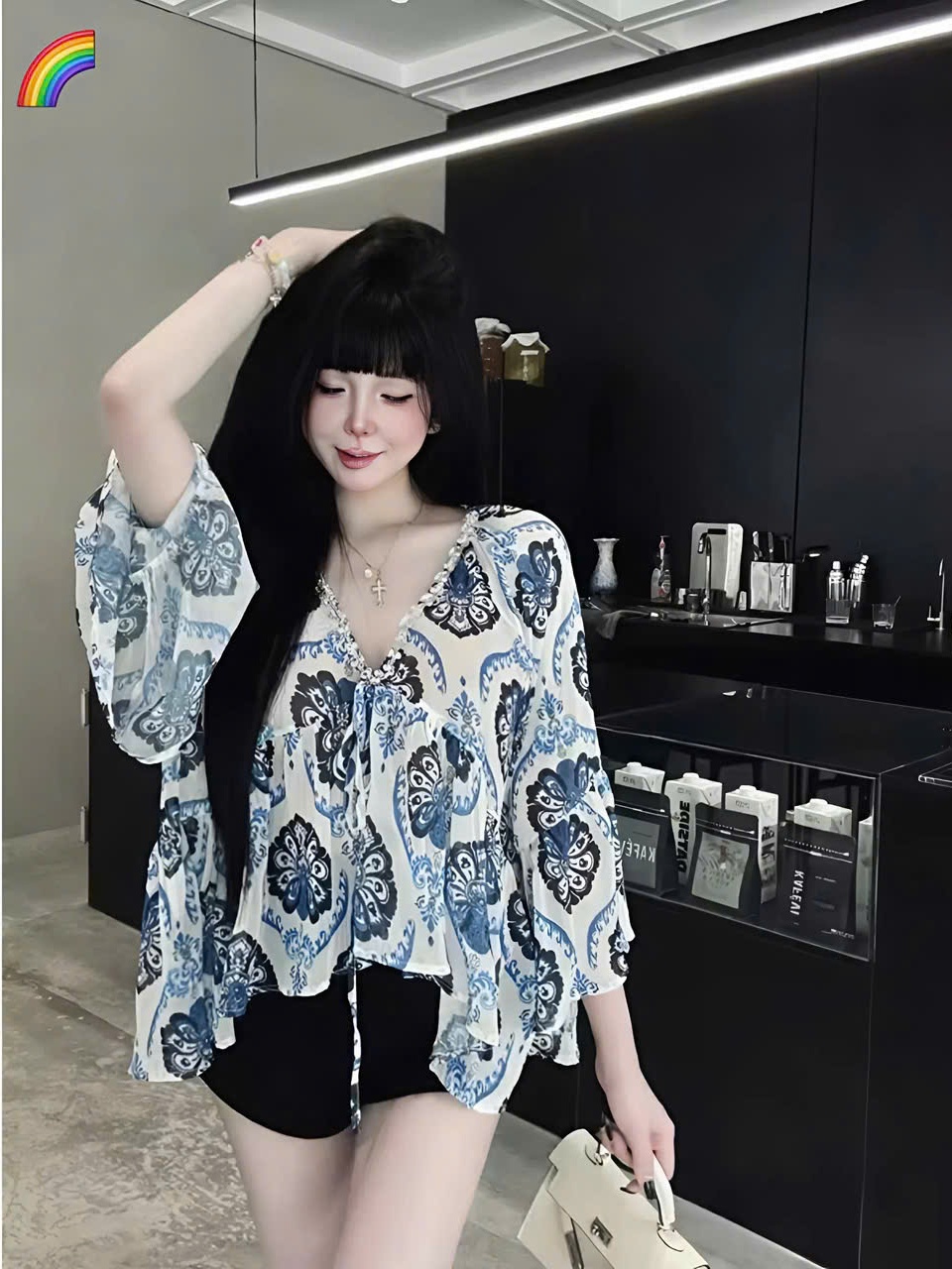 Áo nữ babydoll voan tơ mỏng nhẹ cổ V trang trí đá