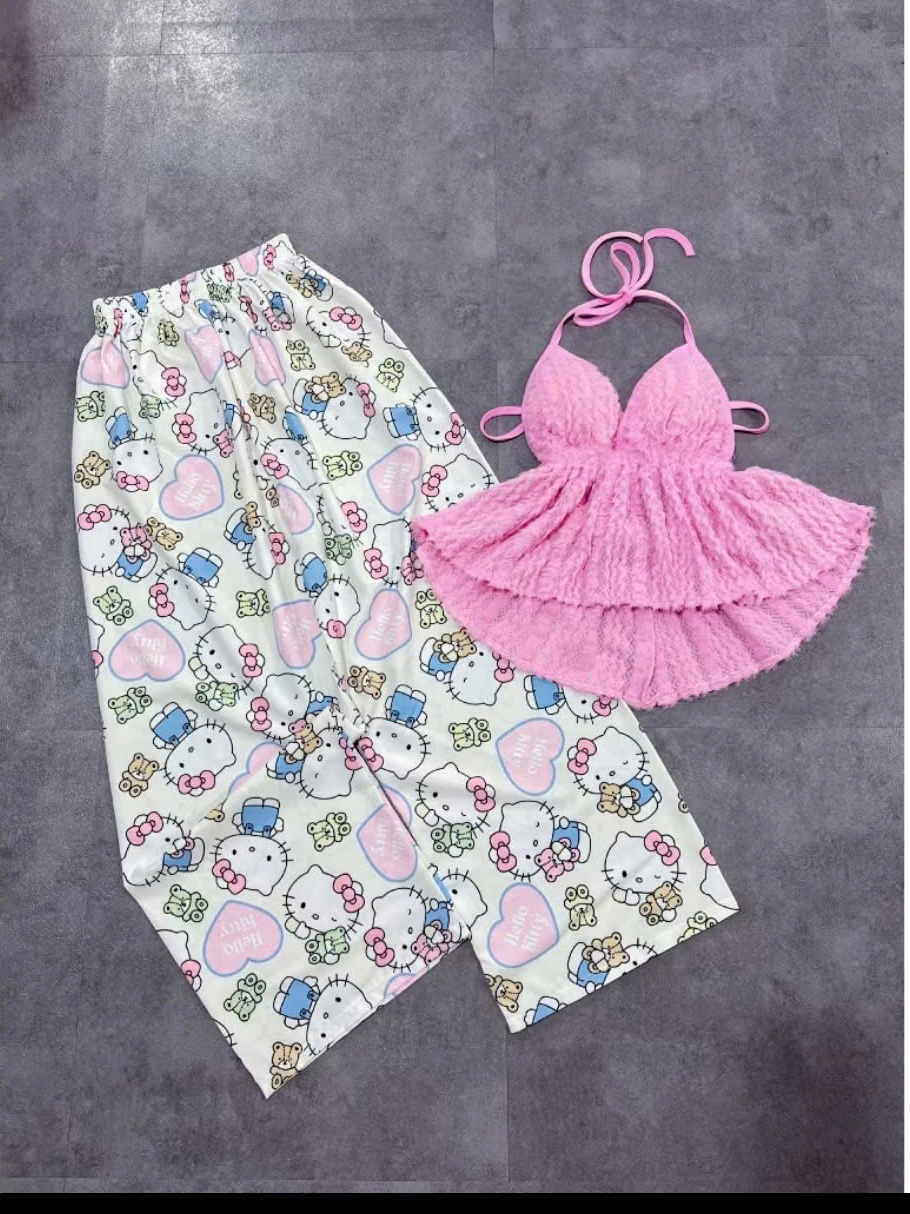 Sét bộ nữ hotrend quần dài mèo kitty áo yếm lông hồng