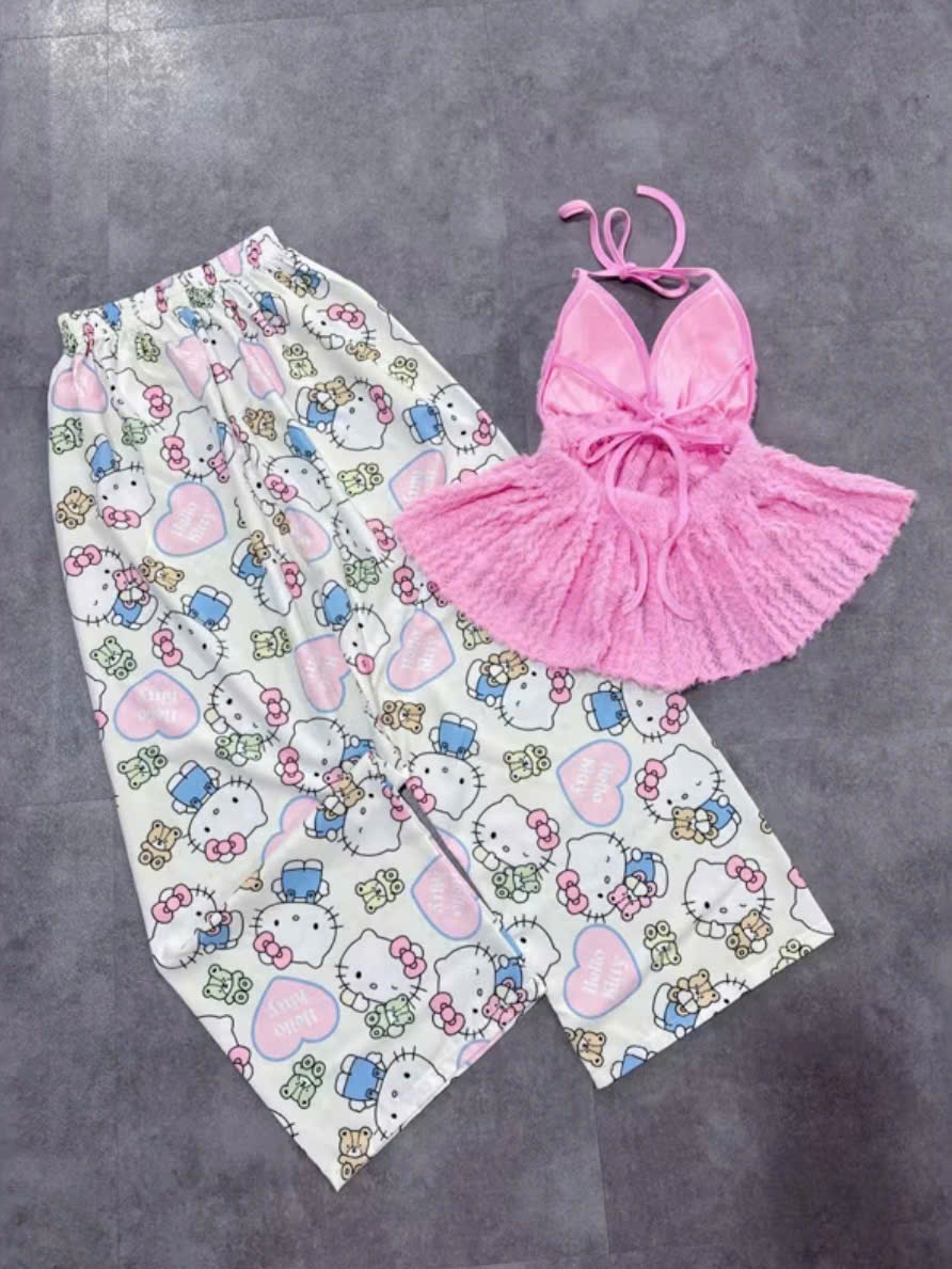 Sét bộ nữ hotrend quần dài mèo kitty áo yếm lông hồng
