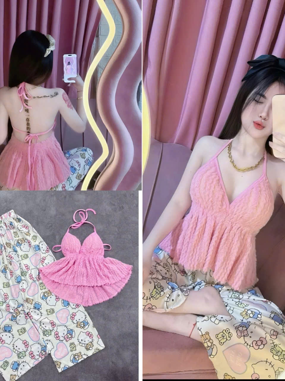 Sét bộ nữ hotrend quần dài mèo kitty áo yếm lông hồng