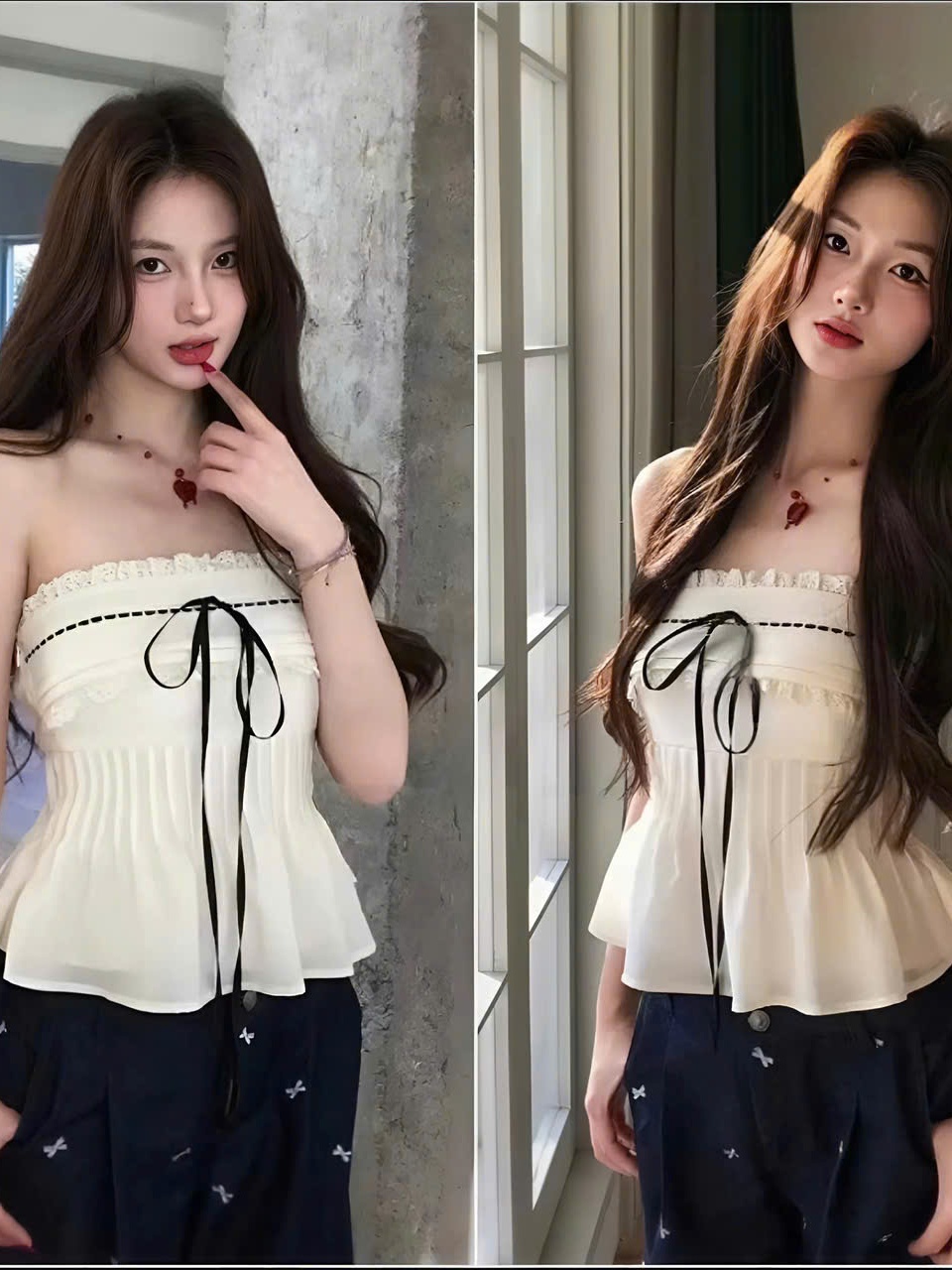 Áo Quây Nữ Hotrend Thắt Nơ Viền Ren Xếp Li Eo Dễ Thương Sang Chảnh Chất Vải Lụa Mềm Mại Thân Sau Áo Chạy Chỉ Chun Co Giã