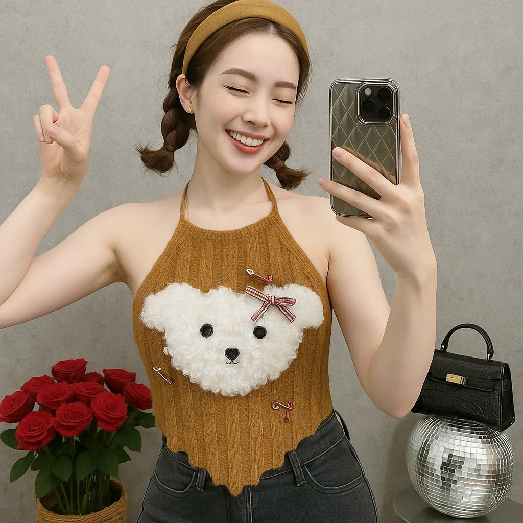 Áo yếm lông nữ hotrend trang trí gấu xinh kèm kim băng màu