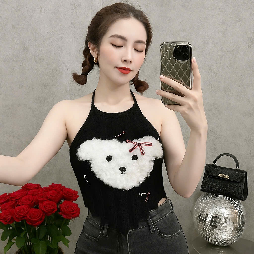 Áo yếm lông nữ hotrend trang trí gấu xinh kèm kim băng màu