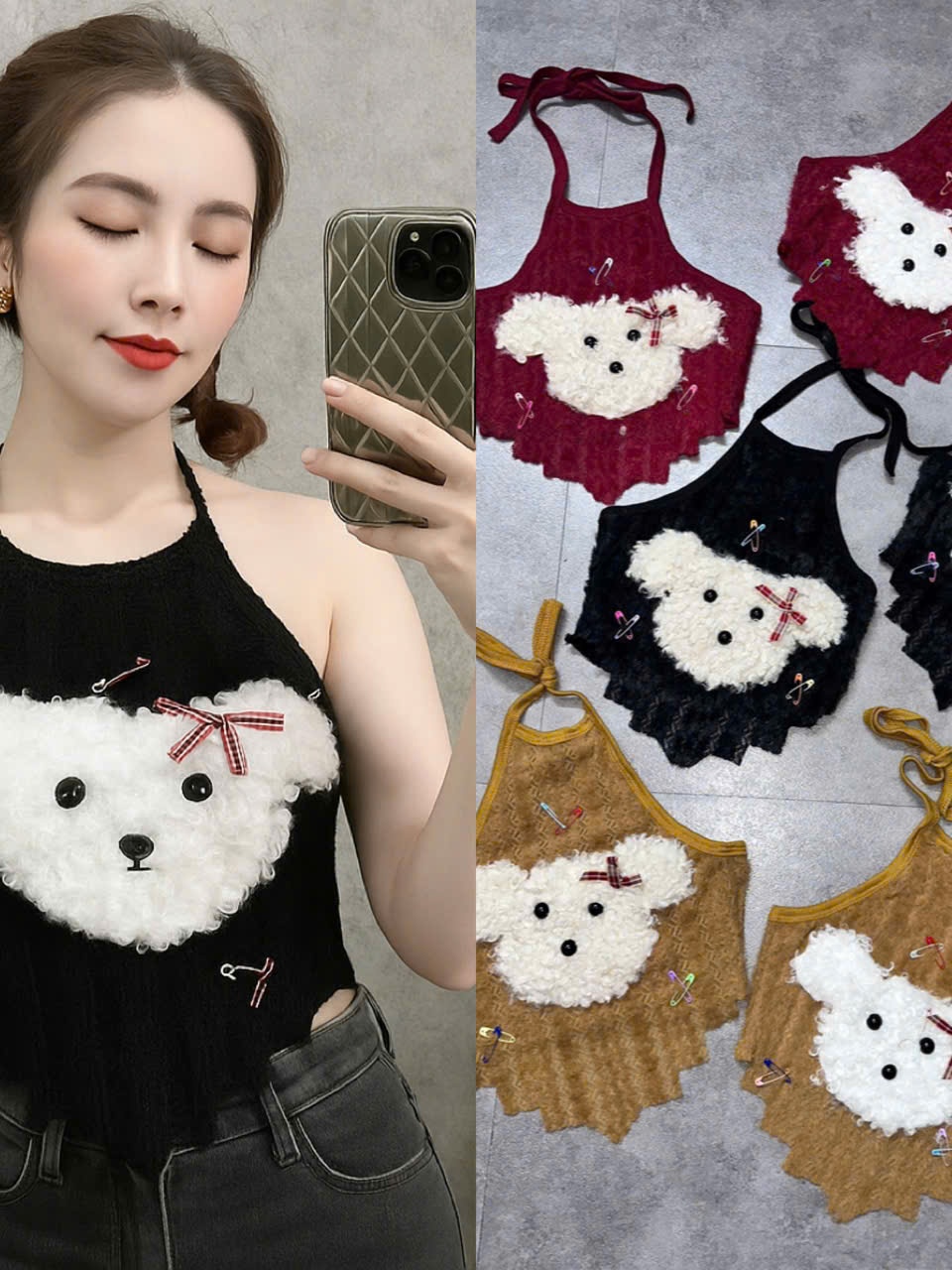 Áo yếm lông nữ hotrend trang trí gấu xinh kèm kim băng màu