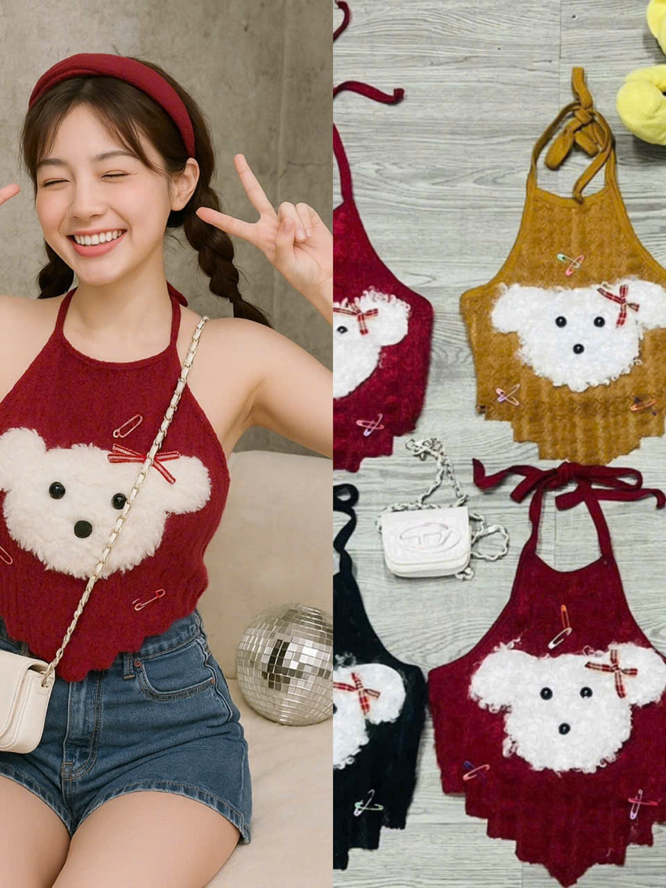 Áo yếm lông nữ hotrend trang trí gấu xinh kèm kim băng màu