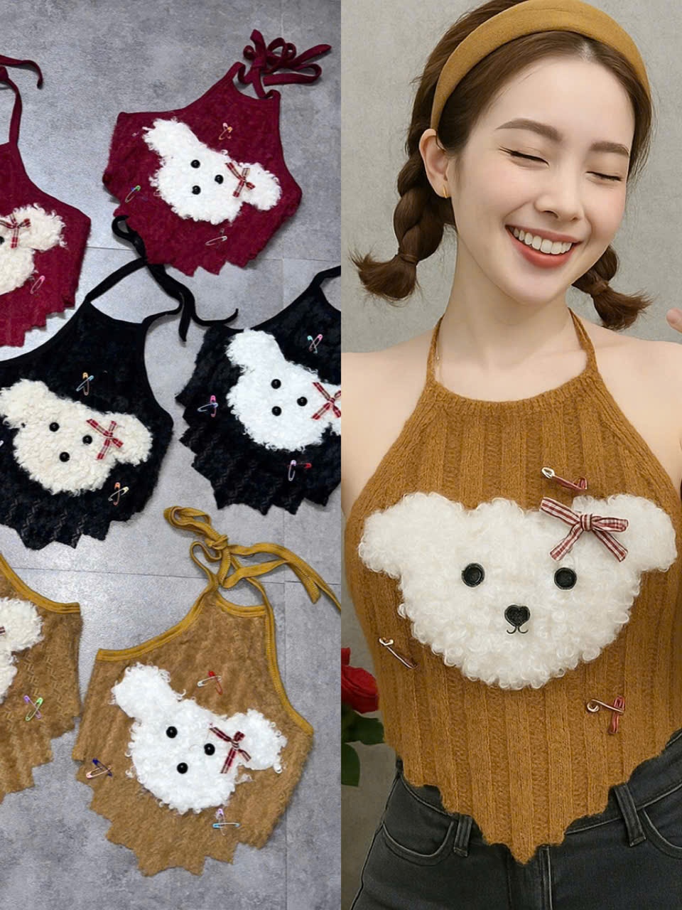 Áo yếm lông nữ hotrend trang trí gấu xinh kèm kim băng màu