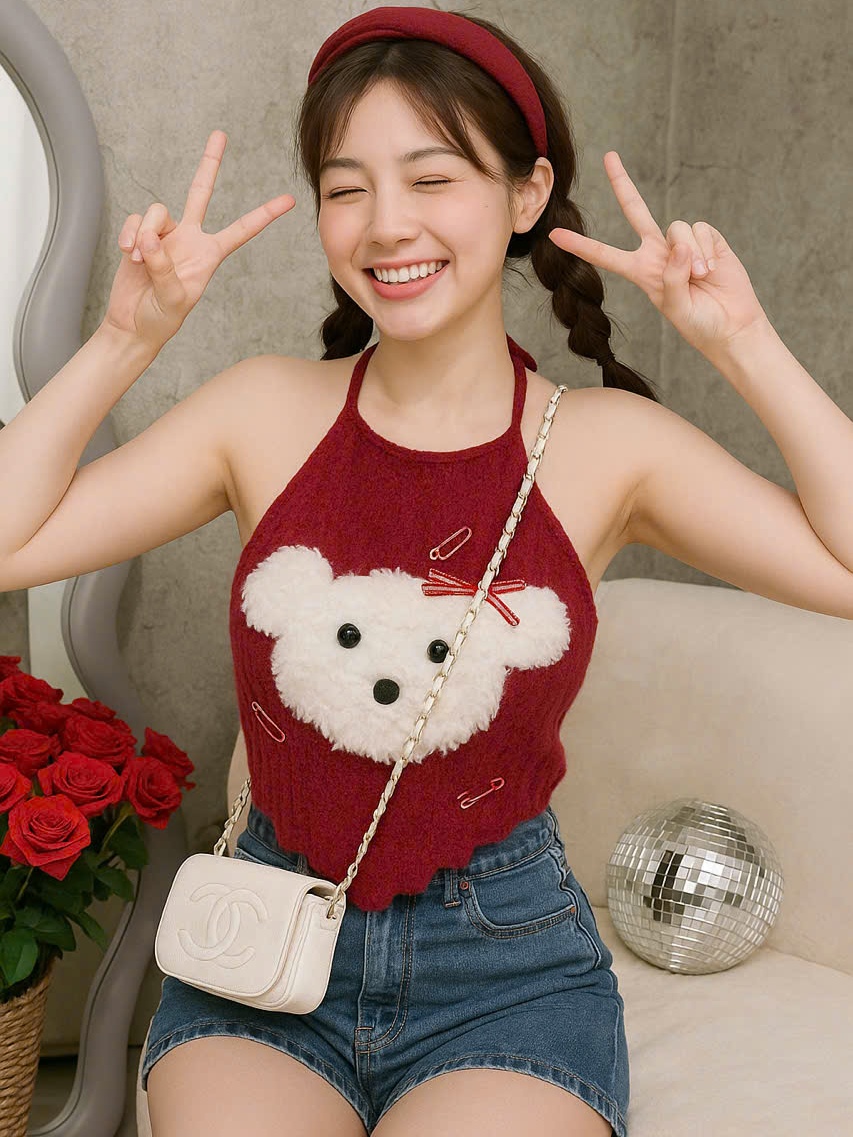 Áo yếm lông nữ hotrend trang trí gấu xinh kèm kim băng màu