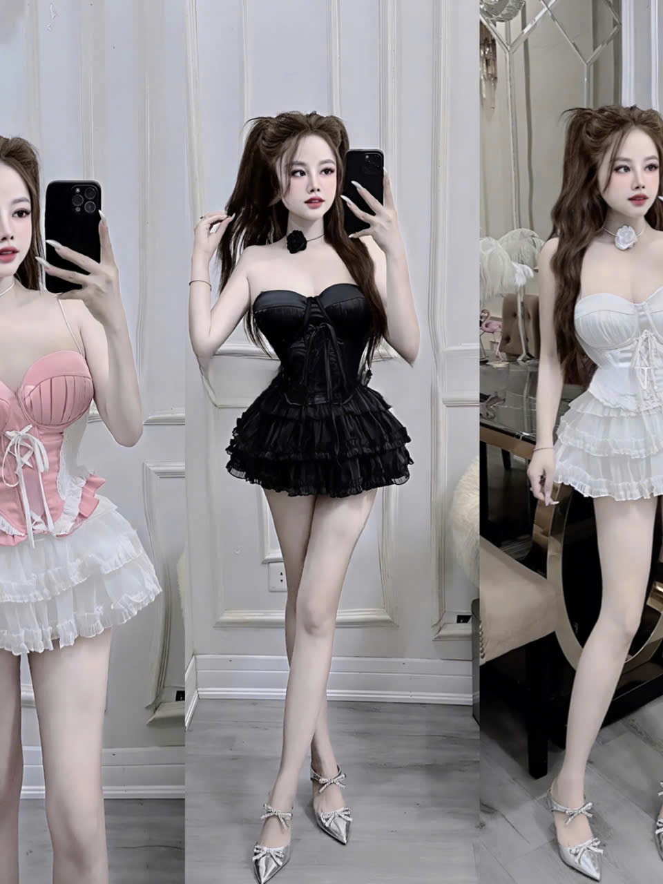 Sét bộ nữ hot trend váy tơ tầng áo cúp đan dây sang chảnh