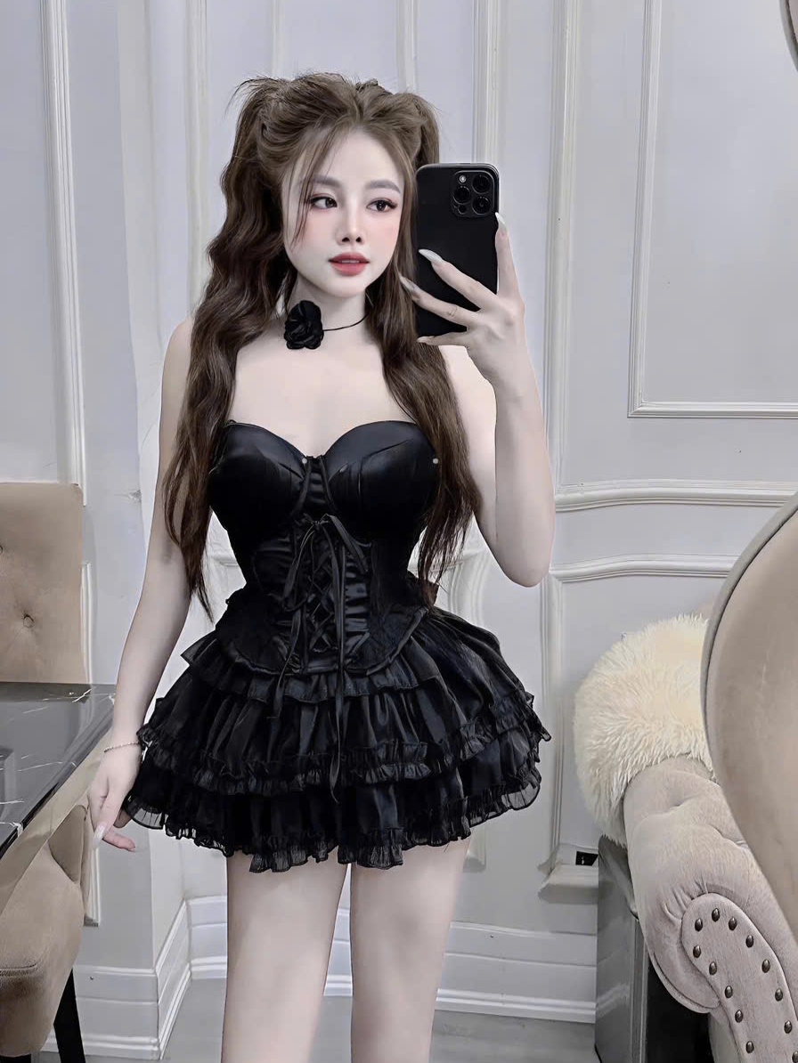 Sét bộ nữ hot trend váy tơ tầng áo cúp đan dây sang chảnh