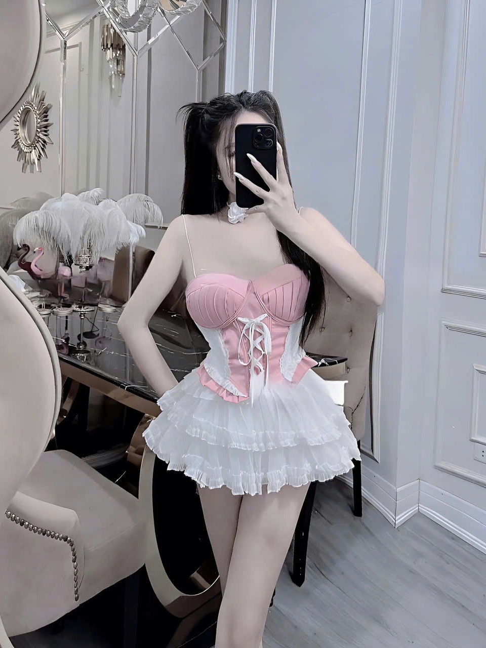 Sét bộ nữ hot trend váy tơ tầng áo cúp đan dây sang chảnh