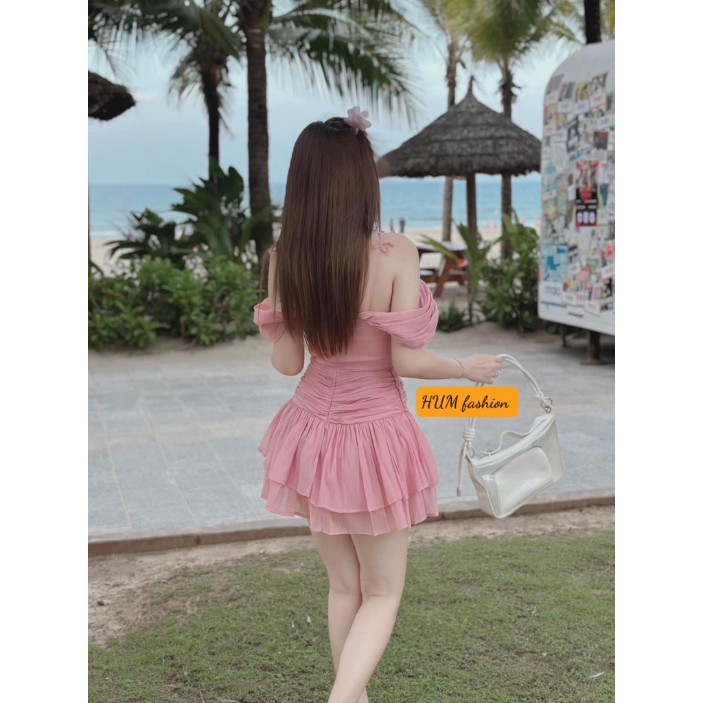Đầm Tibu_Hum fashion trễ vai 2 dây đính nơ dúm thân ôm eo cho phụ nữ xinh đẹp