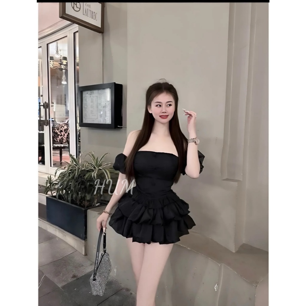 SÉt bộ nữ TIbu_Hum fashion :chân váy 2 tầng áo cúp trễ vai