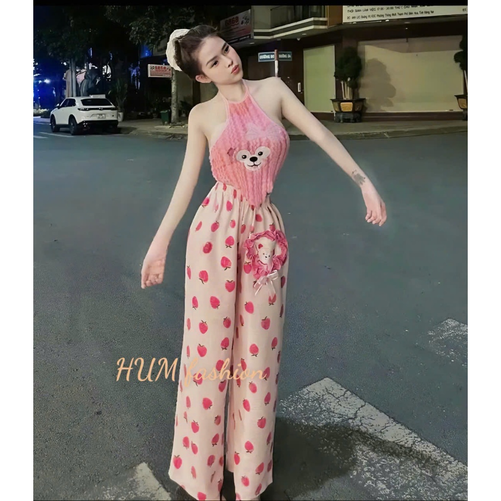 Sét nữ quần dài hoạ tiết trái dâu áo lông cổ yếm in gấu xinh Tibu_HUM fashion