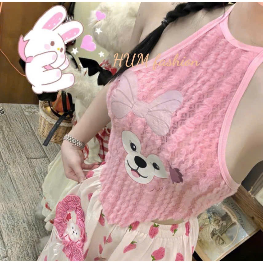 Sét nữ quần dài hoạ tiết trái dâu áo lông cổ yếm in gấu xinh Tibu_HUM fashion