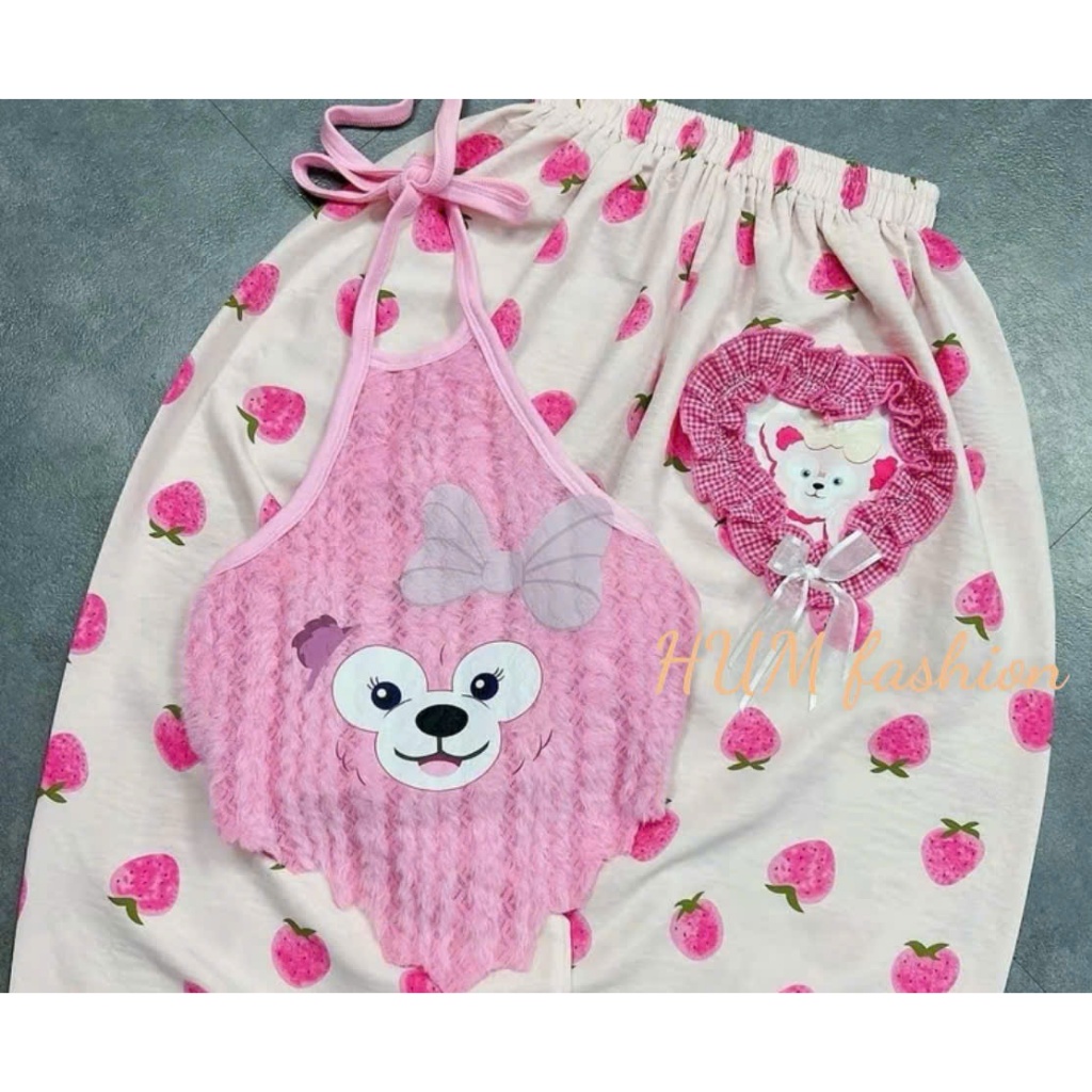Sét nữ quần dài hoạ tiết trái dâu áo lông cổ yếm in gấu xinh Tibu_HUM fashion