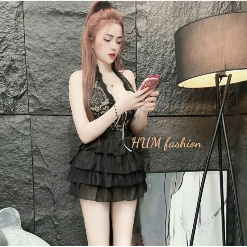 Set bộ nữ áo ren yếm chân tơ nhiều tầng sang chảnh humfashion