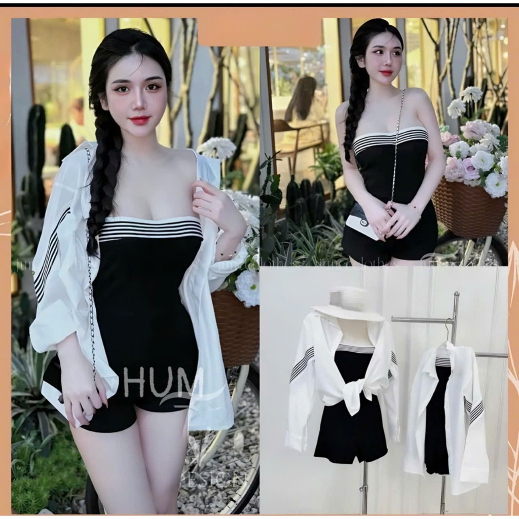 Sét 2 món váy cúp ngực viền kẻ kèm áo khoác bên ngoài sang chảnh năng động