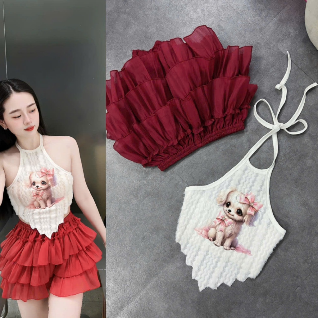 Sét đồ nữ chân váy tầng áo yếm lông in cún xinh