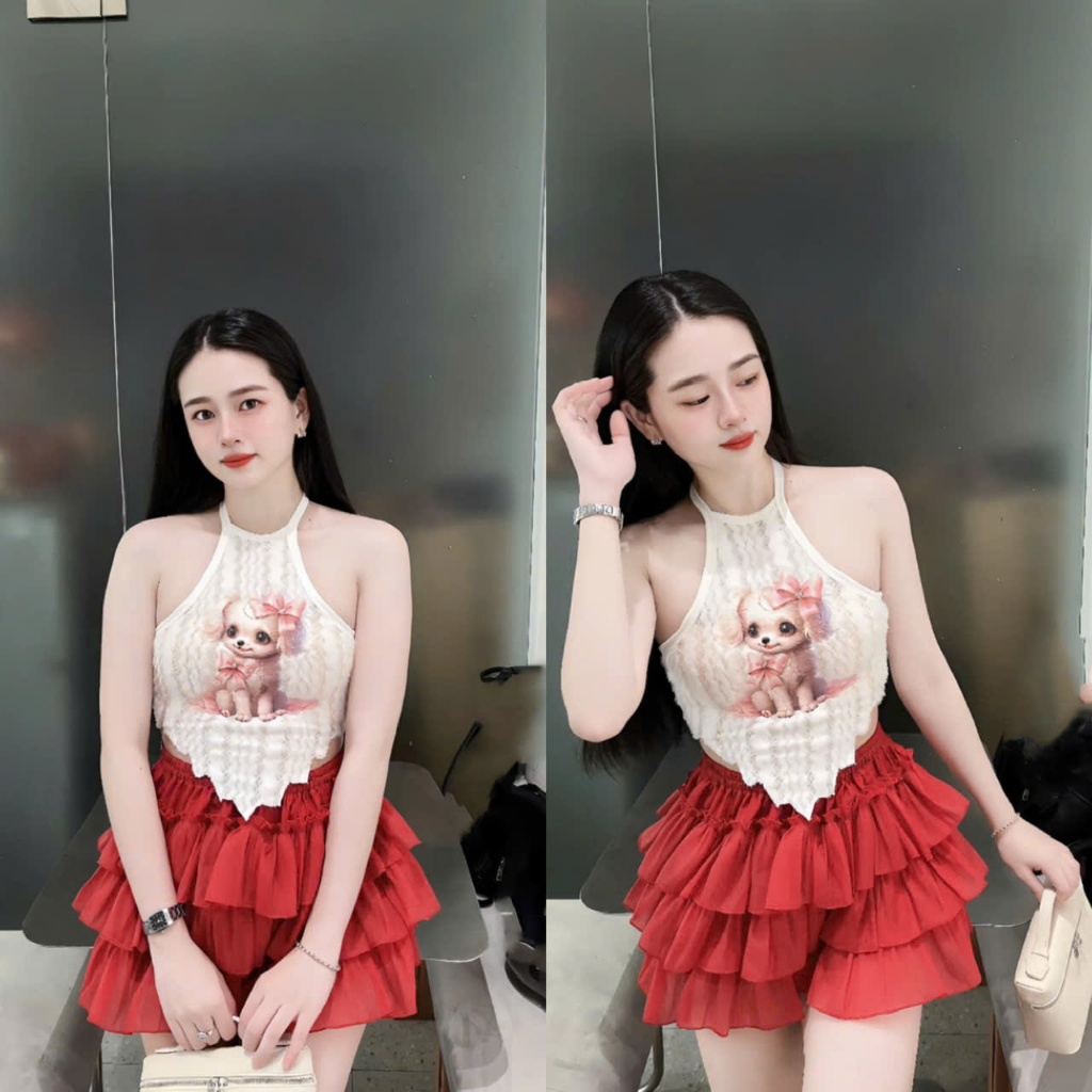 Sét đồ nữ chân váy tầng áo yếm lông in cún xinh