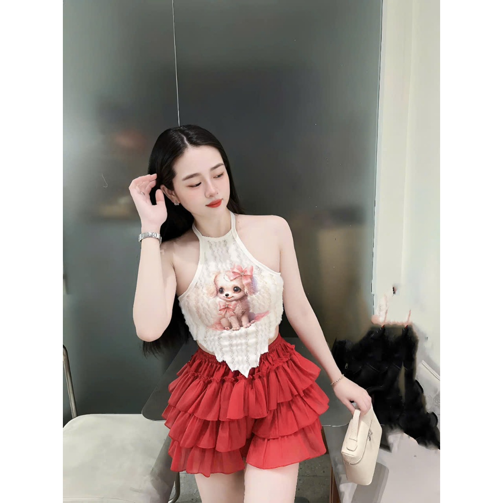 Sét đồ nữ chân váy tầng áo yếm lông in cún xinh