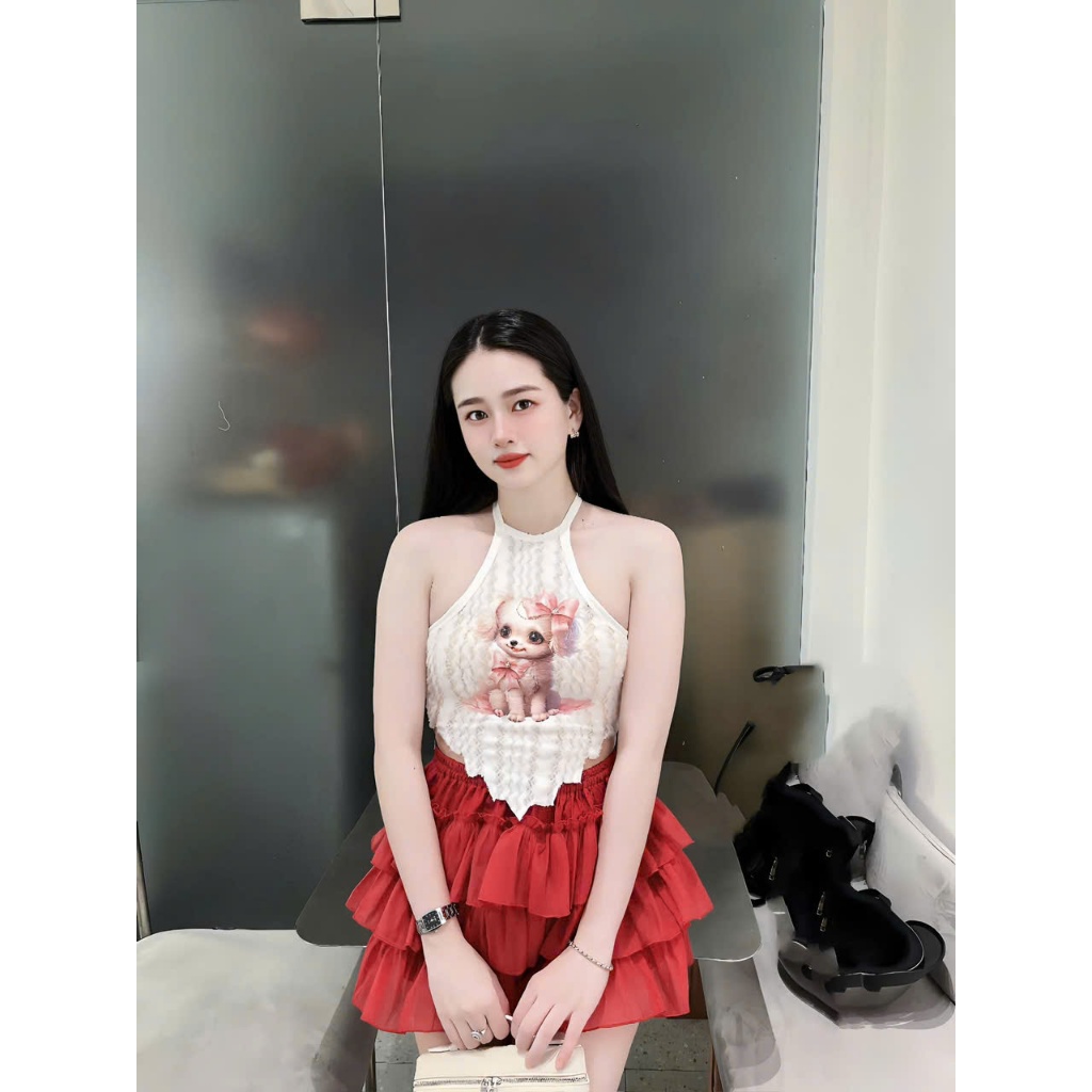 Sét đồ nữ chân váy tầng áo yếm lông in cún xinh