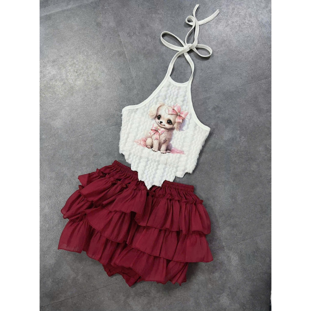Sét đồ nữ chân váy tầng áo yếm lông in cún xinh