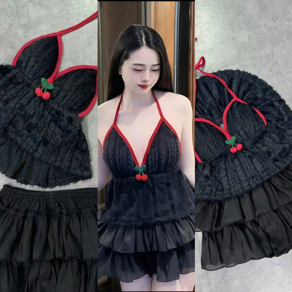 Sét đồ nữ áo yếm lông trang trí cherry chân váy tơ tầng - Hàng mới về - Women, Dress Top