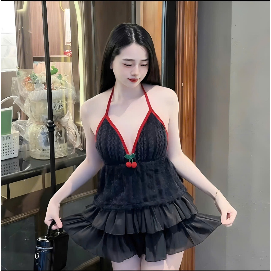 Sét đồ nữ áo yếm lông trang trí cherry chân váy tơ tầng - Hàng mới về - Women, Dress Top