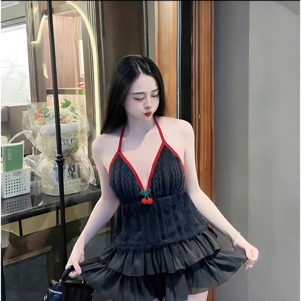 Sét đồ nữ áo yếm lông trang trí cherry chân váy tơ tầng - Hàng mới về - Women, Dress Top