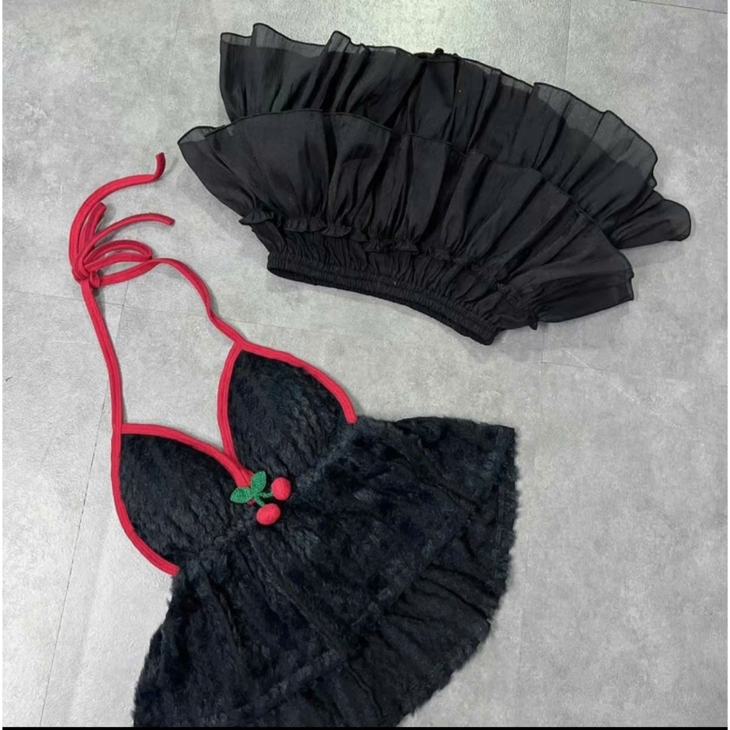 Sét đồ nữ áo yếm lông trang trí cherry chân váy tơ tầng - Hàng mới về - Women, Dress Top