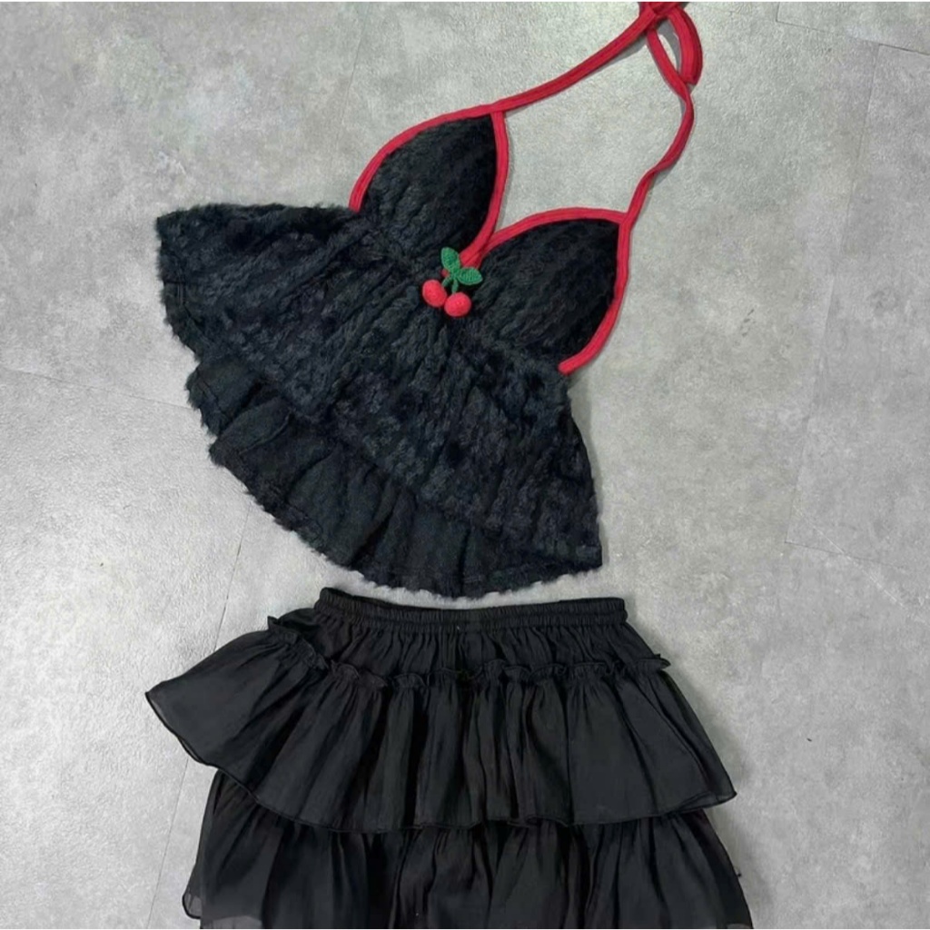 Sét đồ nữ áo yếm lông trang trí cherry chân váy tơ tầng - Hàng mới về - Women, Dress Top